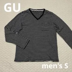 GUジーユー　メンズ　ストライプ Vネック 長袖カットソー　ロンT 白黒Sサイズ