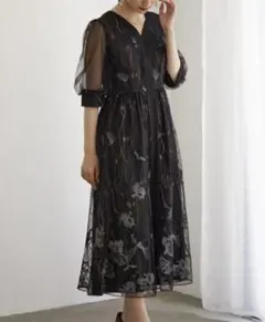 【美品】petirobe ドレスワンピース　膝下　シースルー　ブラック　9号