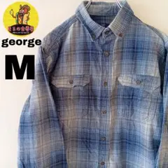 USA古着 george　ネルシャツM　ライトブルーネイビーオンブレチェック