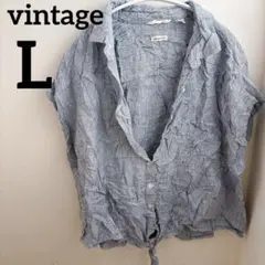 vintage 【L】ストライプ 半袖 シャツ トップス ブルー おしゃれ レア