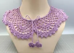 20番レース つけ襟 薄紫　スカラップ　花モチーフ　ハンドメイド　手編み　紐付き