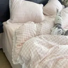 ピンクチェック柄 レース 寝具カバー三点セット