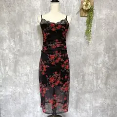 【SHEIN】キャミソールワンピース ロング 花柄 レース キャバドレス 黒 L