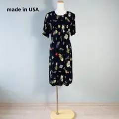 70s 80s USA製 花柄 イラスト タック ワンピース ブラック N591