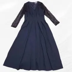 レースレディース フレアロングワンピース オケージョンドレス XL ネイビー