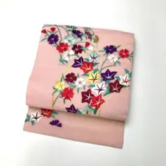 アンティーク帯 夏帯 名古屋帯 絽 地紙に花柄模様 刺繍 AO-3115