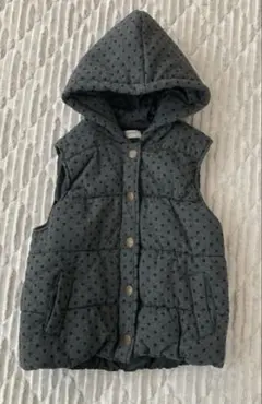 グレー ドット柄 フード付きダウンベスト