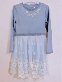 140cm メゾピアノ 長袖ワンピース　ニット切替レース　ラベンダー　水色