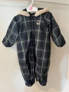 フード付きネイビー系チェックロンパース 60-80