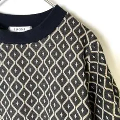 【美品】イング　半袖　幾何学カットジャガードトップス　M　ブラック　ニット