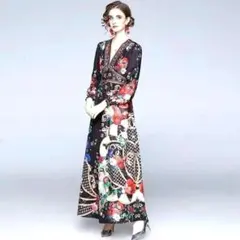 パーティードレス 長袖 花柄 ロング ワンピース レトロ
