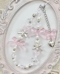 425 ピンク　リボン　ハート　シルバー　蝶　ビーズ　ストラップ　チャーム