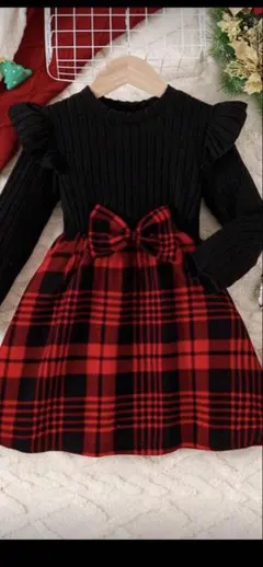 フリル袖リボン付きワンピース　クリスマス