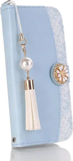 iPhone 13 Proケース 手帳型　タッセル付き　ブルー