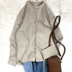 美品 チノ リネン コットン ブザム シャツ バンドカラー ストライプ 洗えるのサムネイル