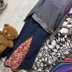 90-20❤️リメイク デニムスカート エスニック 和柄
