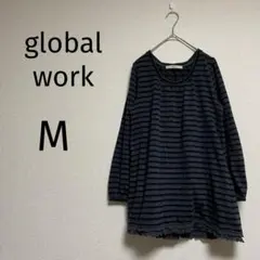 517/グローバルワーク ニット【M】緑 黒 ボーダー 裾レース 柔らか肌触り