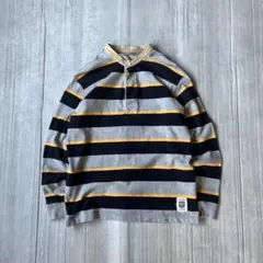 Eddie Bauer ボーダー カットソー ヘンリーネック ロンT グレー S