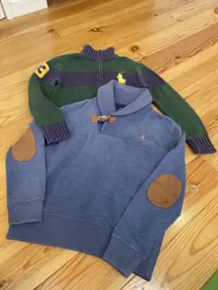 緑紫ストライプジッパーセーターとダッフル風襟トレーナーセット