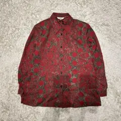 【古着】柄シャツ赤 花柄 水玉模様 長袖シャツ　レディース
