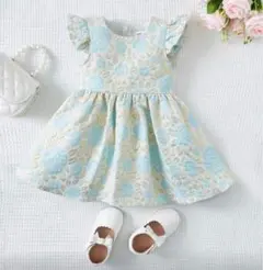 フリル袖 花柄 ドレス ライトブルー