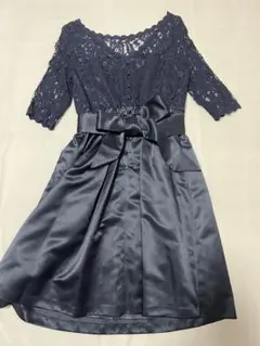 結婚式ドレス レース 紺 お呼ばれ リボン M