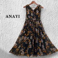 【希少・美品】ANAYI 花柄　シフォンワンピース 36 ブラック　シルク100のサムネイル