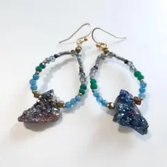 ピアス 天然石　ストーン　フープ　青　ブルー　ビンテージ　耳飾り