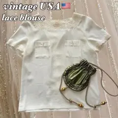 vintageUSA スクエアネック　レースブラウス　シェルボタン　1990年代のサムネイル