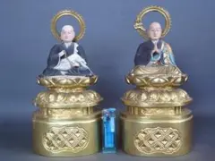 AQ39 仏像 法然上人 善導大師 一対 木彫彫刻 金泥書 美仏 仏教美術 