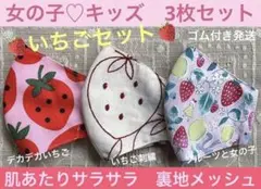 子ども　マスク　キッズ　女の子　幼児　可愛い　刺繍　苺　いちご　ピンク　3枚