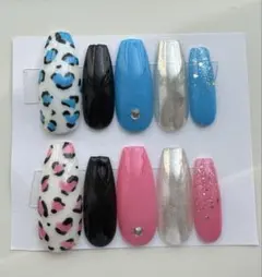 ネイルチップ 10個セット カラフル ヒョウ柄 y2k ギャル 水色 ピンク