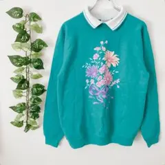 【L】 モーニングサン スウェット トレーナー 襟付き 花柄 フラワー 裏起毛