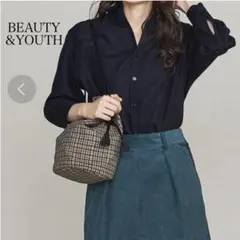 ビューティーアンドユース　ツイル7分袖シャツ ブラウス　ネイビー　B&Y 襟付