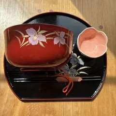 桂由美　赤黒花柄食器セット5客