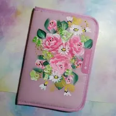 お薬手帳ケース317 トールペイント　手描き　ハンドメイド　ピンクローズ