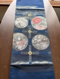 アンティーク袋帯☆B2深い青にゴールドがかったベースに可憐な花々