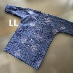 美品】 藍染 刺し子デザイン バンドカラーシャツ 11号 ゆったりLサイズ 