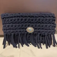 ズパゲッティ Tシャツヤーン バッグ クラッチバッグ ハンドメイド ネイビー 紺