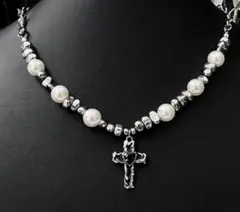 パールとシルバーのクロスネックレス45cm➕5cm