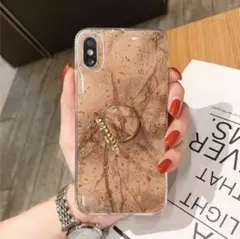 iPhoneX.XSケース / 大理石 茶色 / ラメ / リングスタンド付き