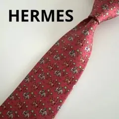 HERMES ネクタイ シルク100% レッド アニマル柄 馬　総柄 フランス製