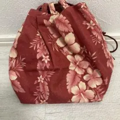 和装用バッグ 赤色 ハイビスカス柄 巾着型