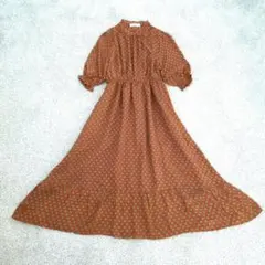 70s Vintage ロングワンピース M Aライン オレンジ レトロ古着