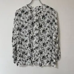 UNIQLO レーヨンブラウス 花柄シャツ モノトーン スタンドカラー L 美品