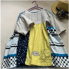 《ハンドメイド》小さいサイズ：リネンとパッチとねこ刺繍のふんわりビッグteeプル