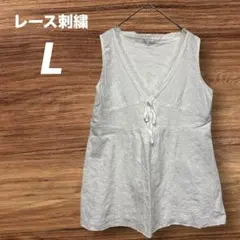 レース 刺繍 ホワイト ノースリーブ チュニック ブラウス L 綿のサムネイル