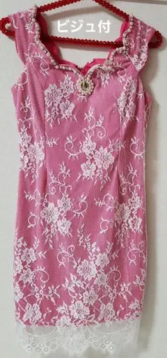 ビジュ付きレースミニワンピースピンク