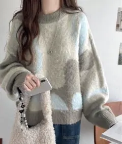 ウェーブ柄 ダブル ジャガード シャギー ニット オーバーサイズプルオーバー