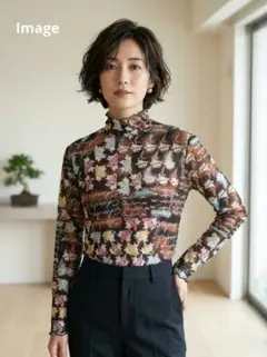 昭和レトロ　長袖総柄シャツ　薄手　透け感　ブラウス　ハイネック　ブラウン系